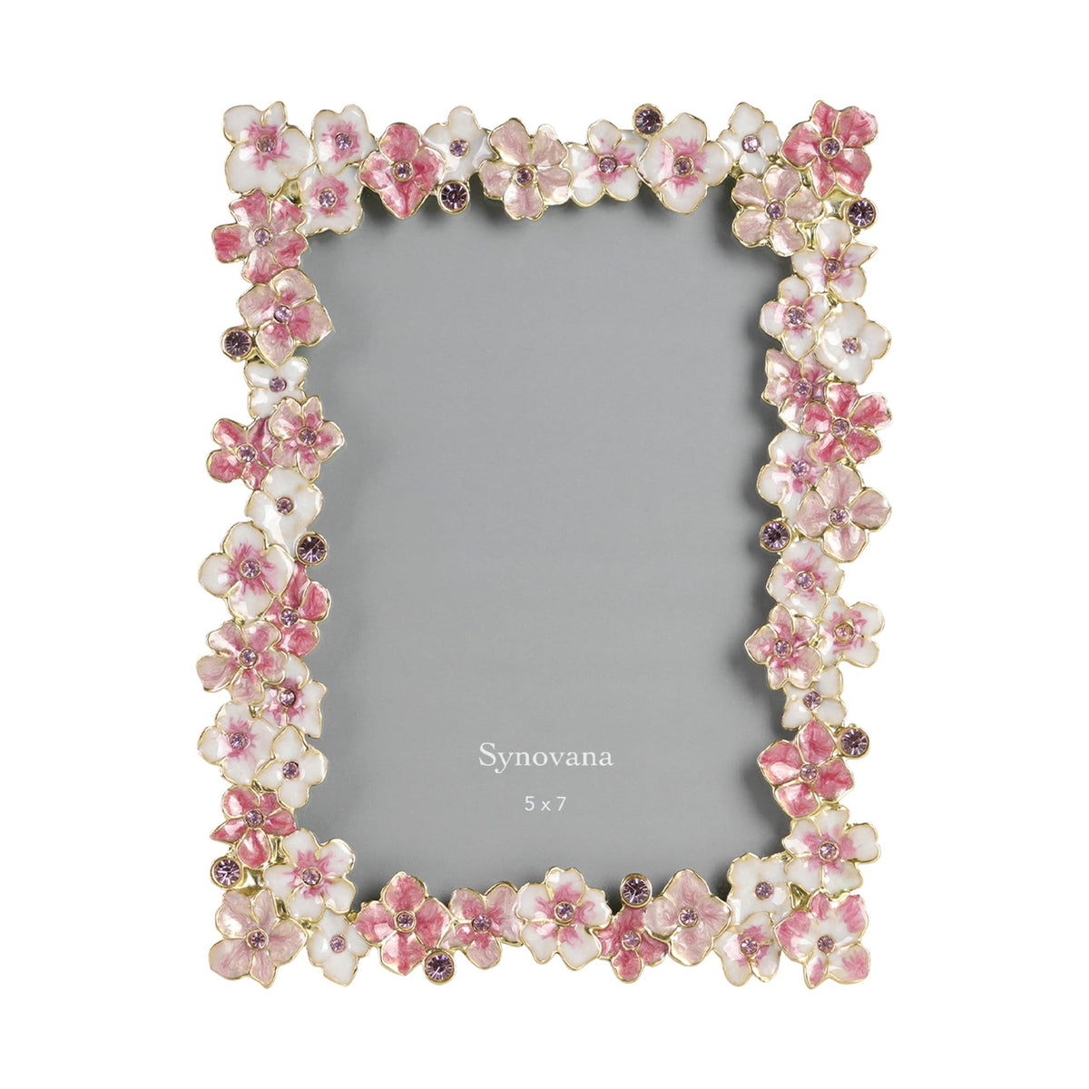 Synovana pink flower frame front view for 5x7 photo display on a tabletop.