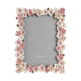 Synovana pink flower frame front view for 5x7 photo display on a tabletop.