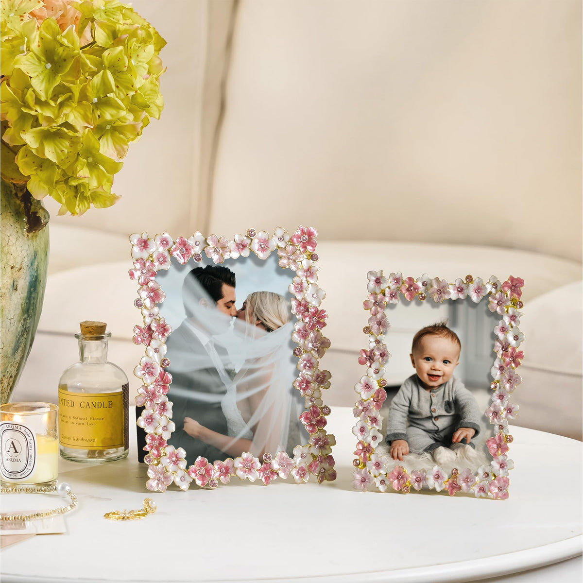 Synovana pink white floral motif frame blends soft hues with gold tones
