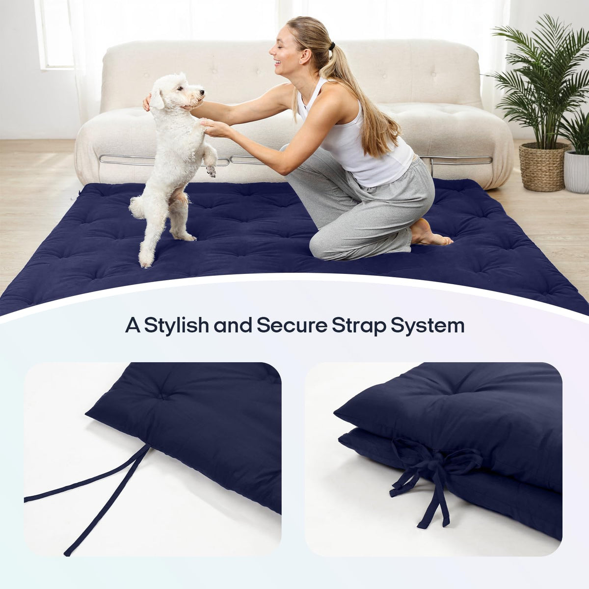 Syrinx twin futon folded beside a suitcase for travel readiness
