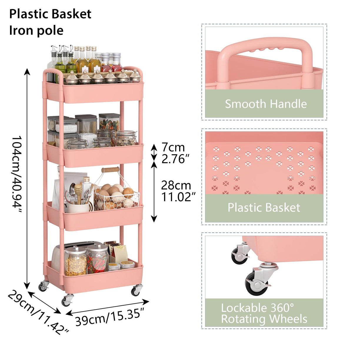 Sywhitta 4 tier pink rolling cart front view for compact organization