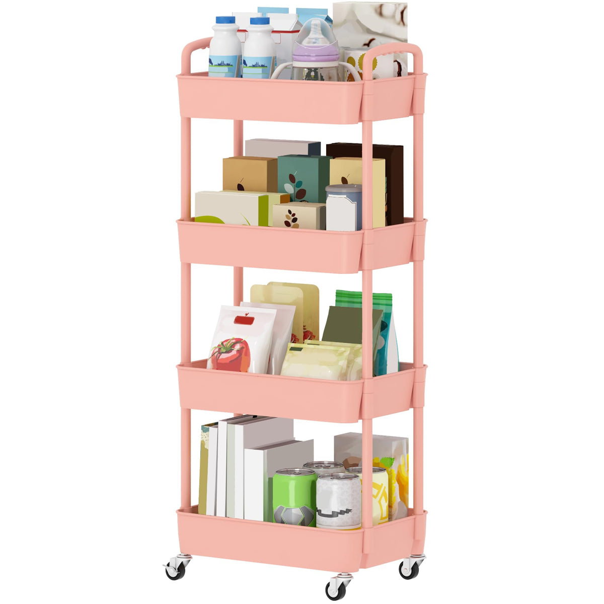 Sywhitta 4 tier pink rolling cart side view for versatile storage