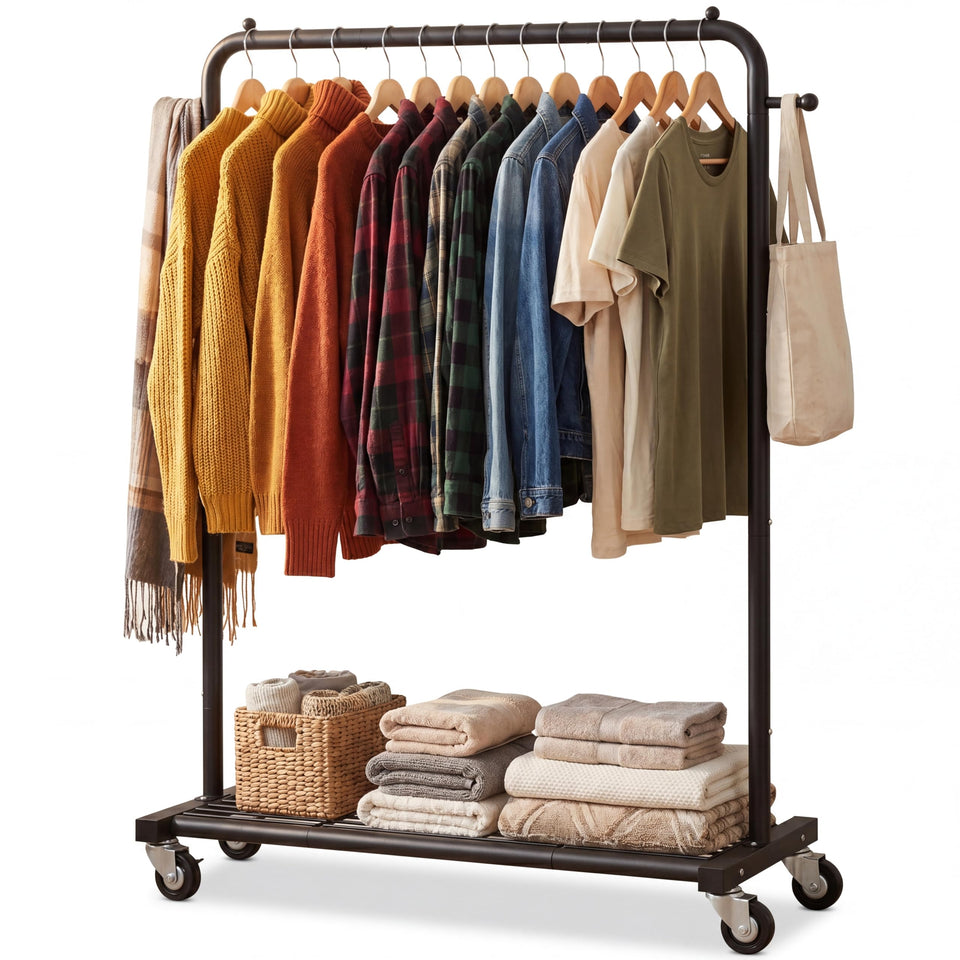 Sywhitta clothing rack on wheels with mesh shelf for flexible closet organization.