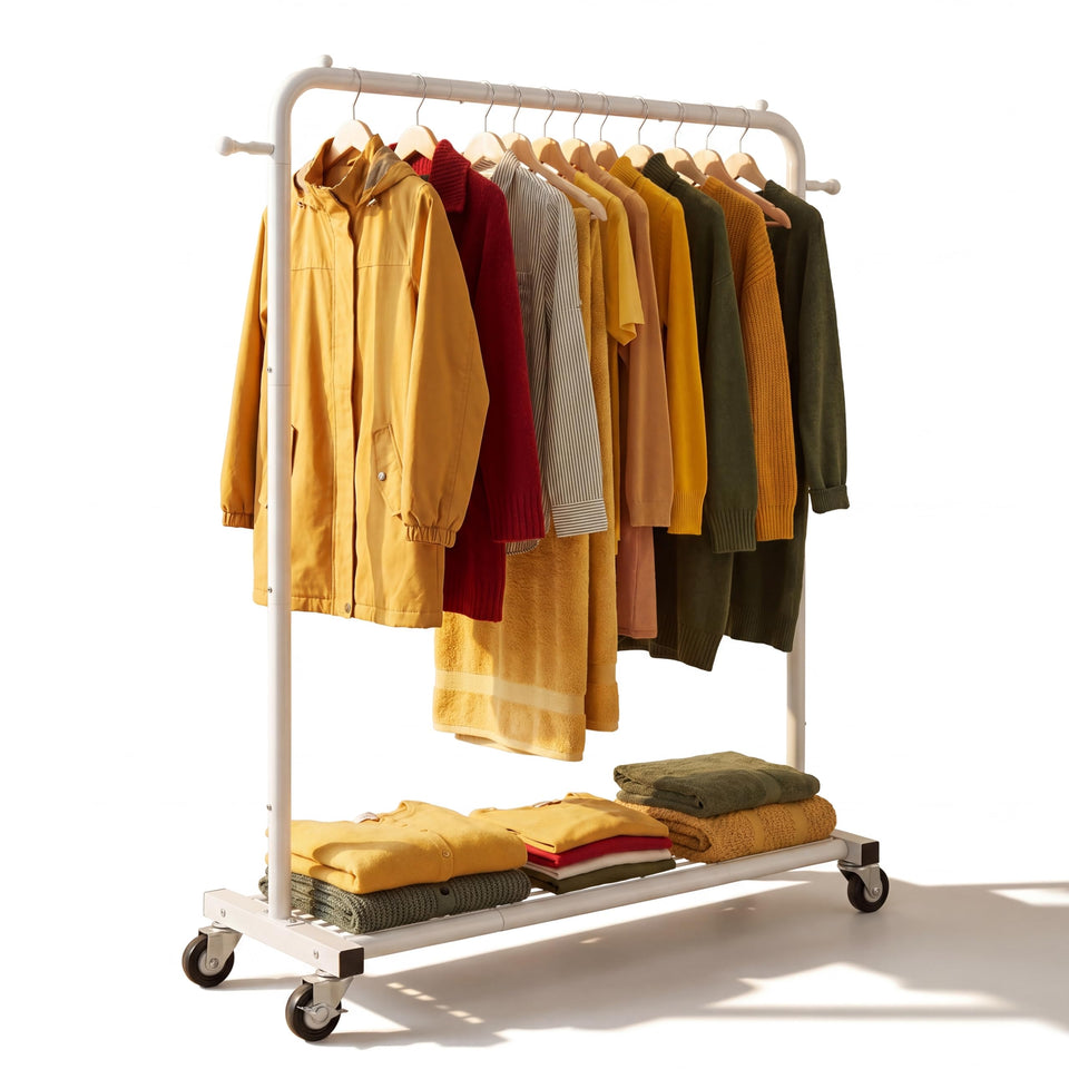 Sywhitta clothing rack with wheels, front view, easy mobility for flexible organizing.