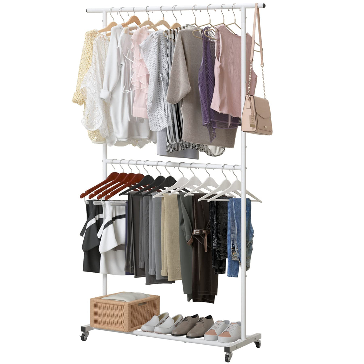 Sywhitta double rod rack side view with durable metal frame for organized wardrobe