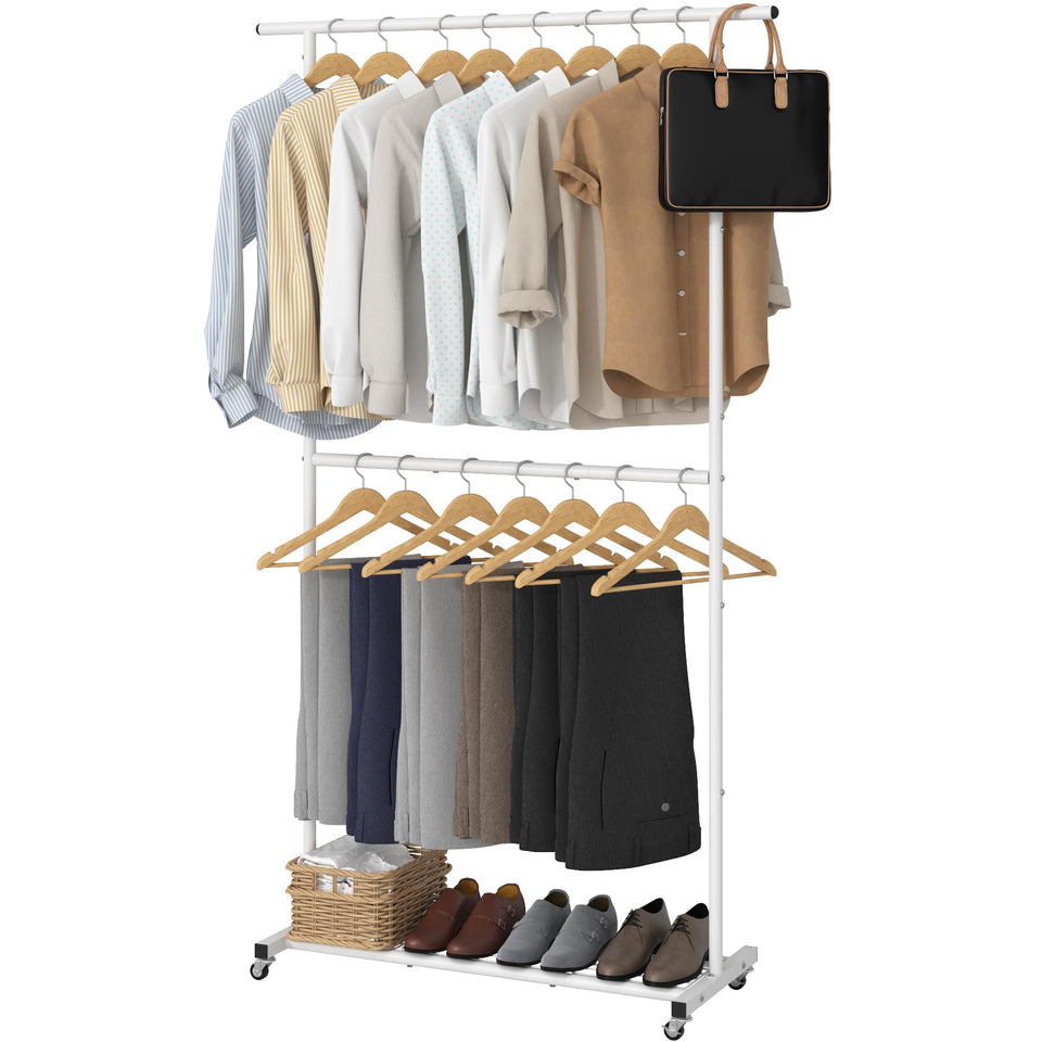 Sywhitta double rod garment rack front view for sturdy coat storage.