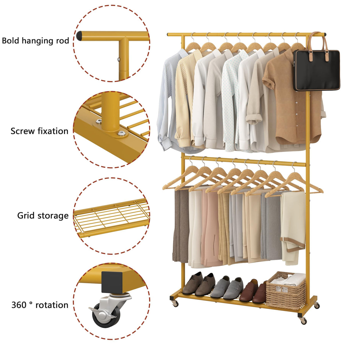 Sywhitta garment rack gold side view showing wheels and frame
