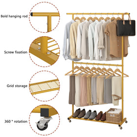 Sywhitta garment rack gold side view showing wheels and frame