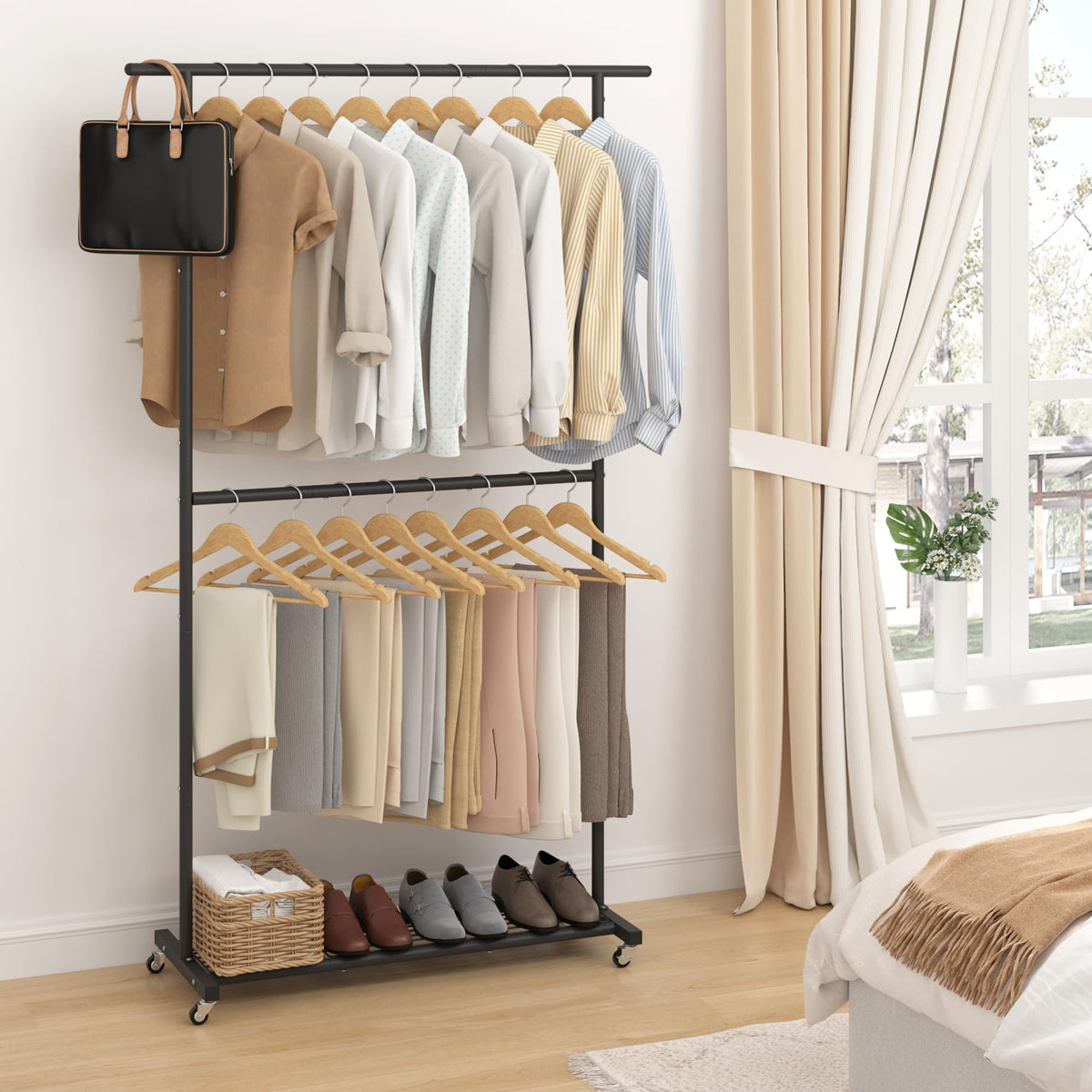 Rack dimensions provide generous hanging space: 47.24 L x 16.73 W x 78.74 H.