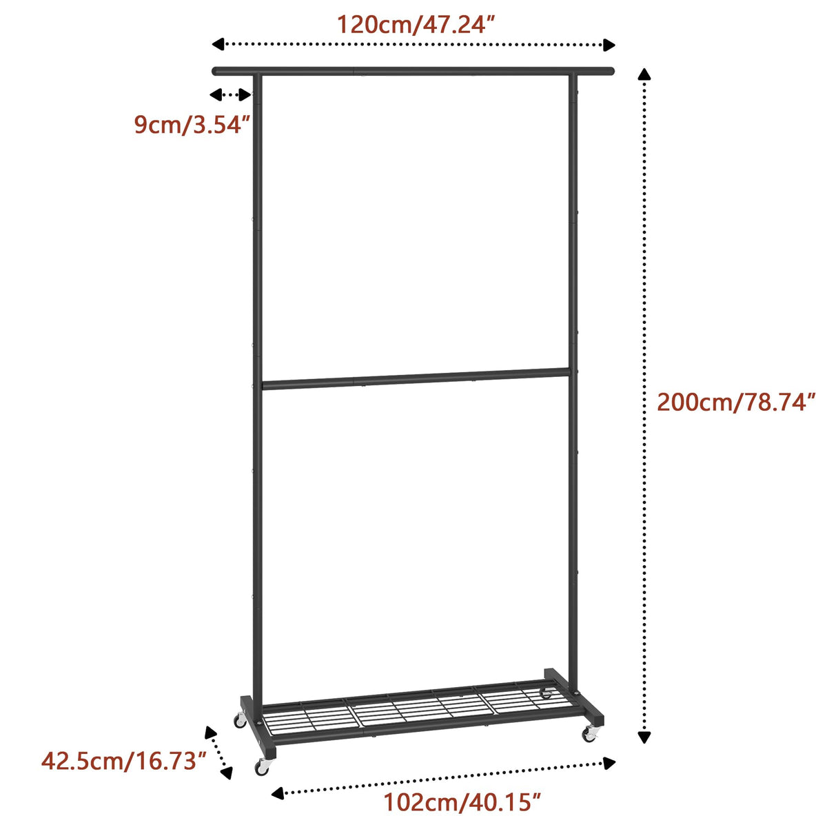 Sywhitta rolling rack features four 360-degree wheels for easy movement.