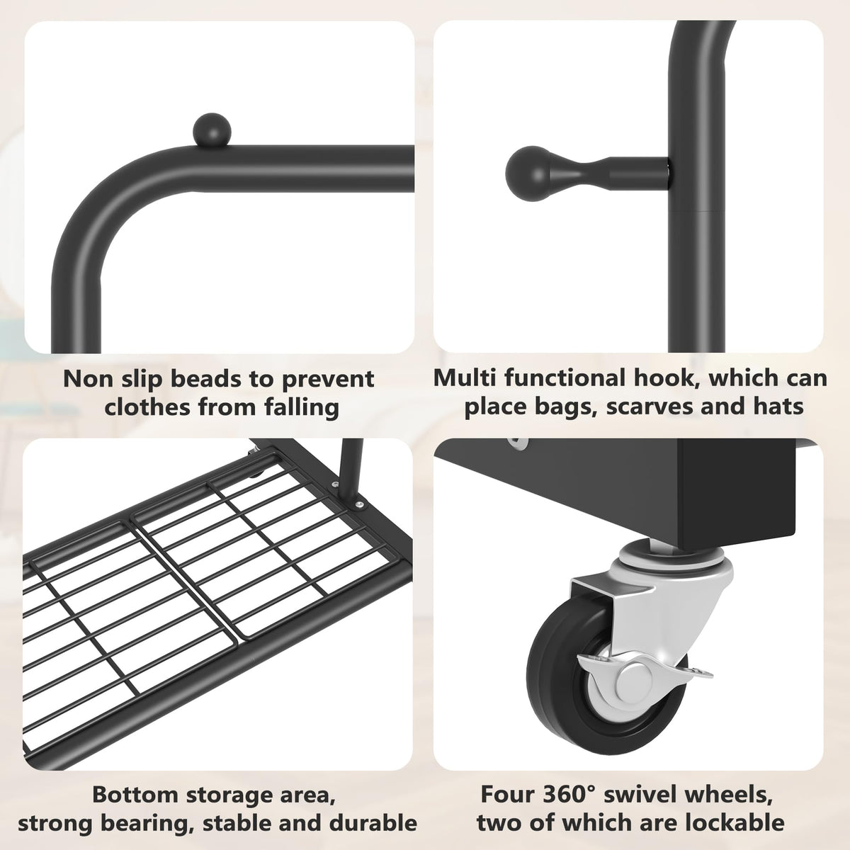 Sywhitta anti-slip end beads keep hangers secure on the rod.