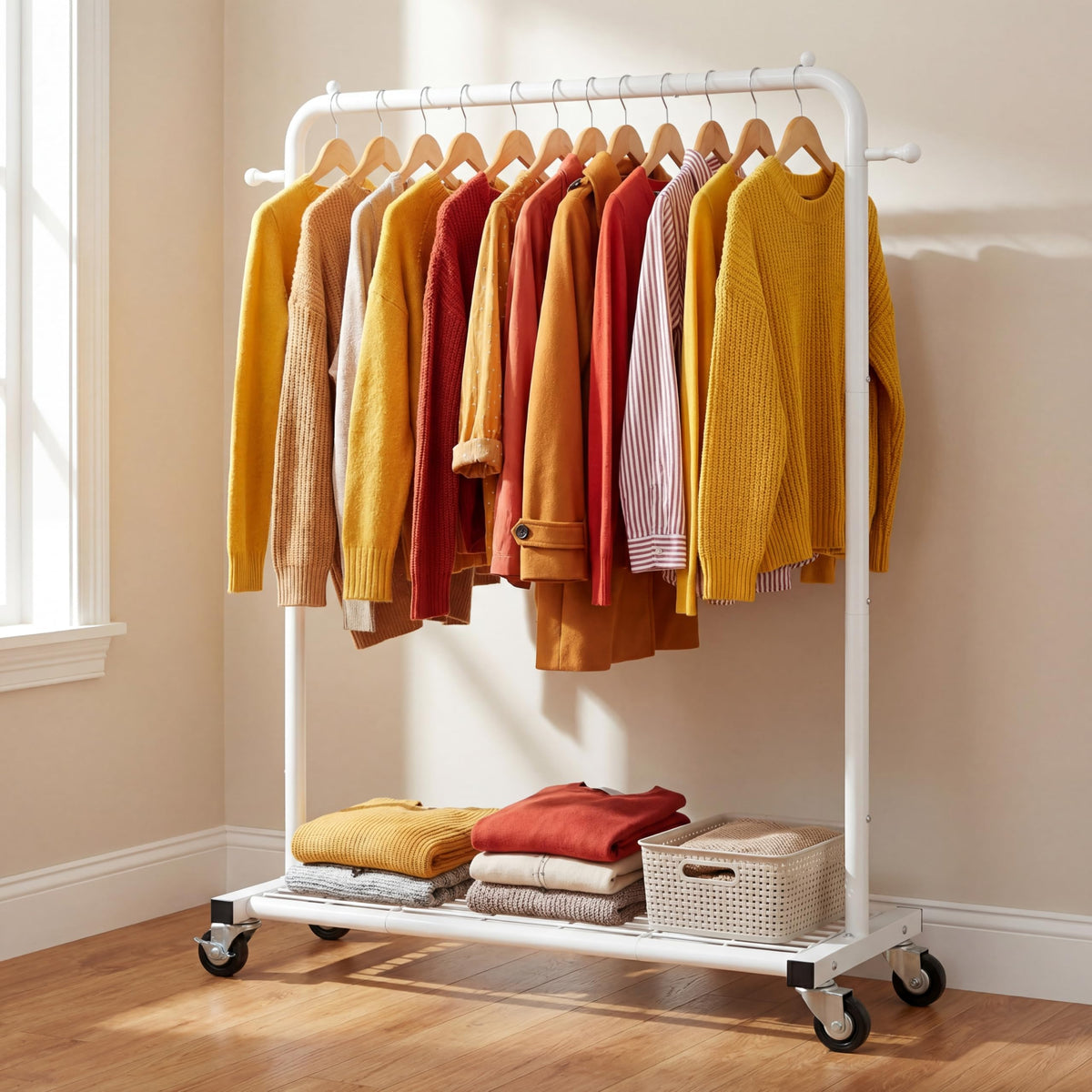 Sywhitta sturdy metal frame supports heavy garments, front angle view.