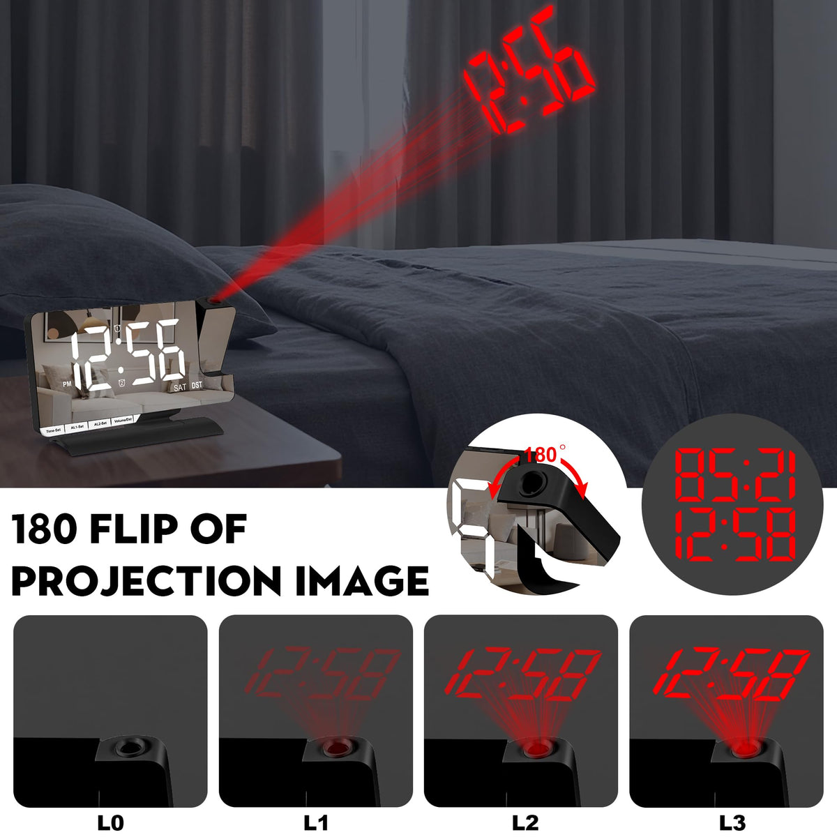 SZELAM digital clock with a 7.3-inch HD display visible from across the room.
