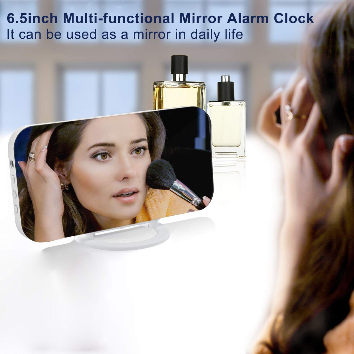 SZELAM digital clock mirror surface used as makeup mirror during routines