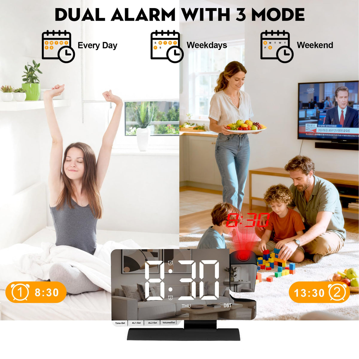 SZELAM dual alarms with three modes for weekdays, weekends, and daily use.
