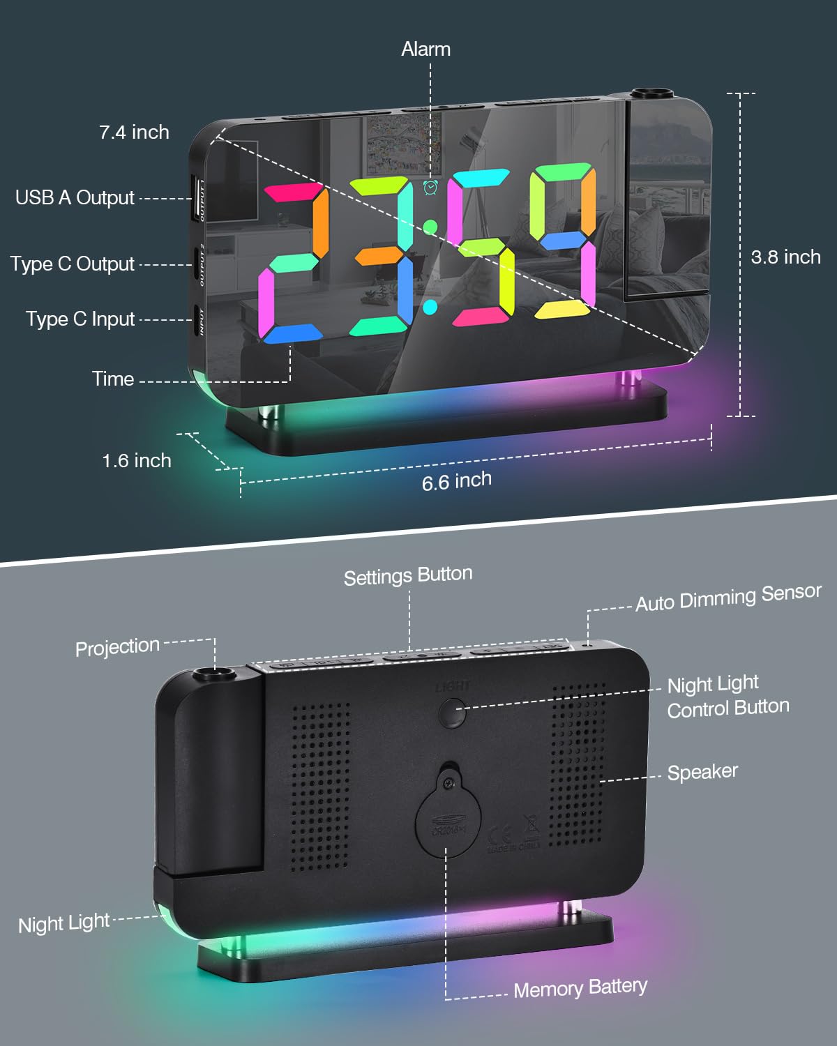 SZELAM clock package includes power adapter and USB cable