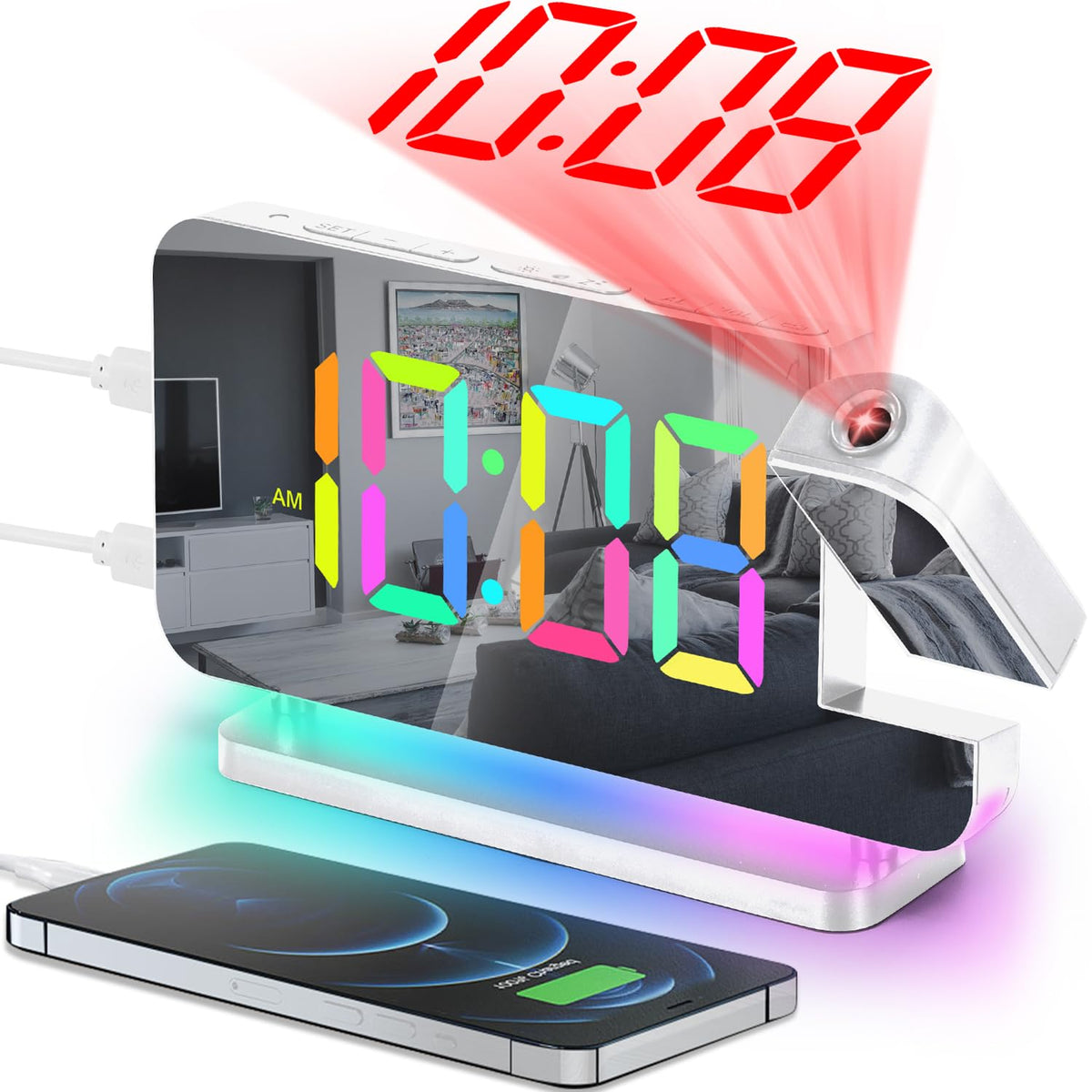 SZELAM projection alarm clock with 7.4-inch display for clear bedside visibility