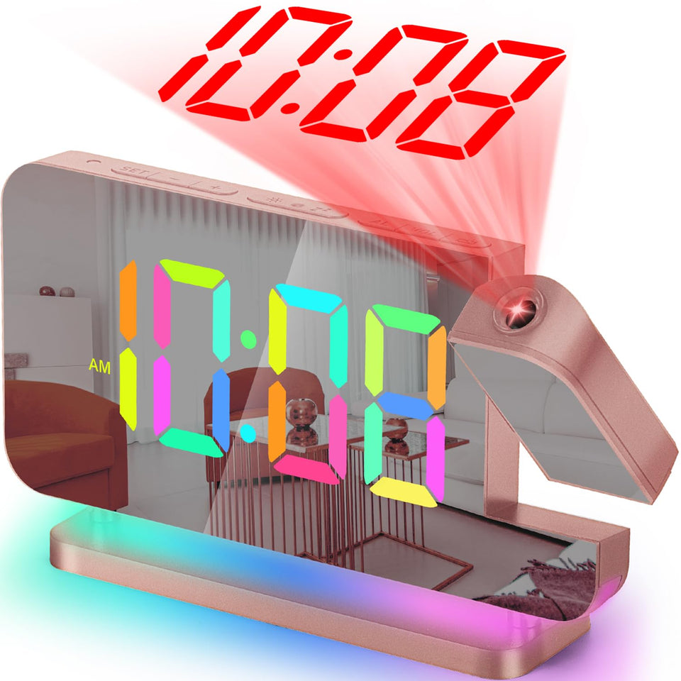 SZELAM projection alarm clock showing ceiling projection for easy bedside viewing.