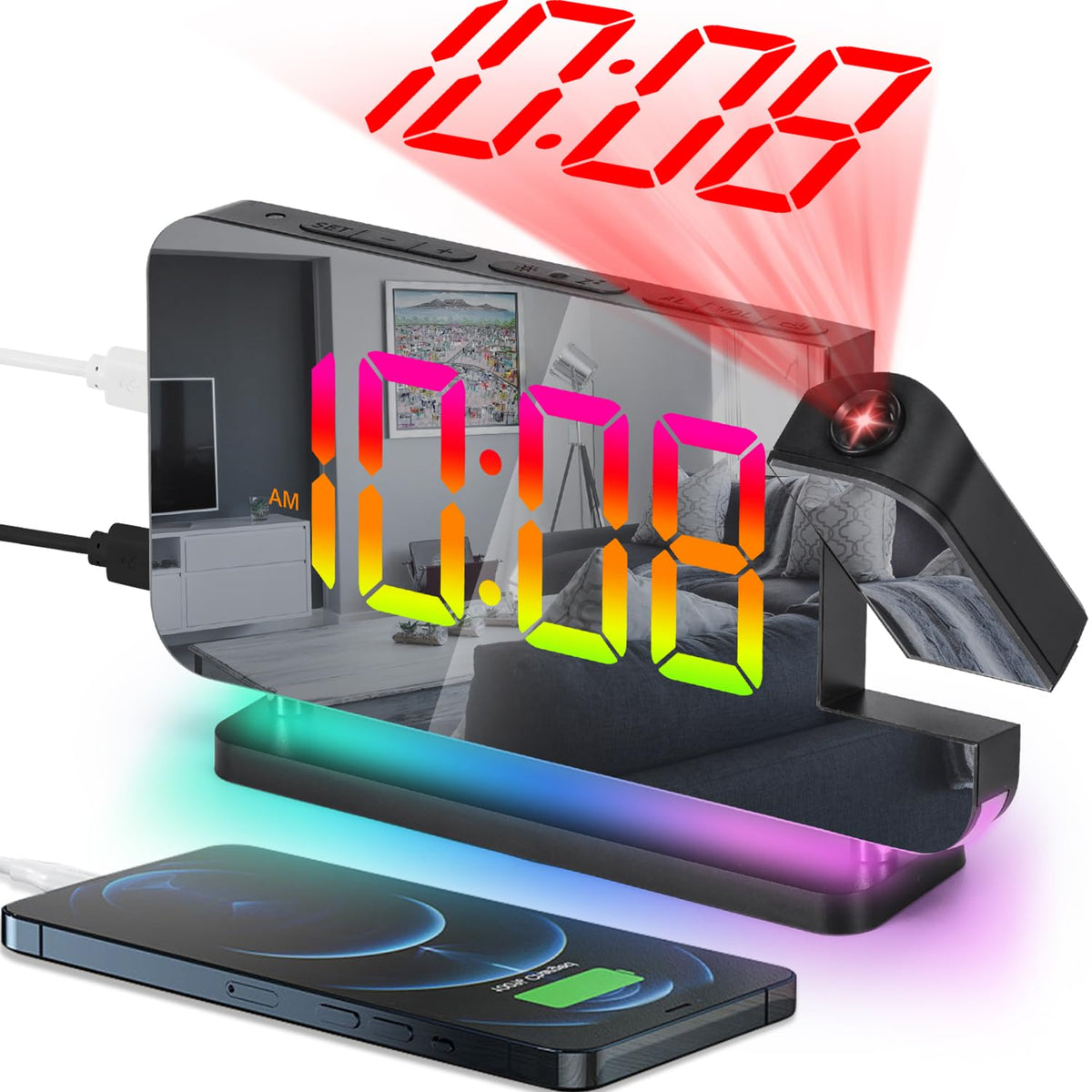 SZELAM projection clock with rotatable projector for easy night viewing