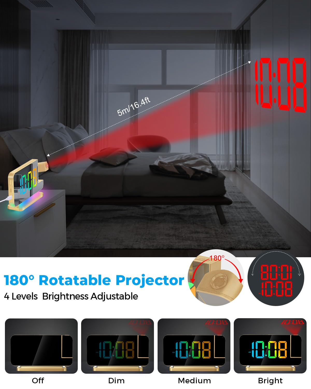 SZELAM Projection Clock 7.4-inch mirror display doubles as vanity mirror when idle.