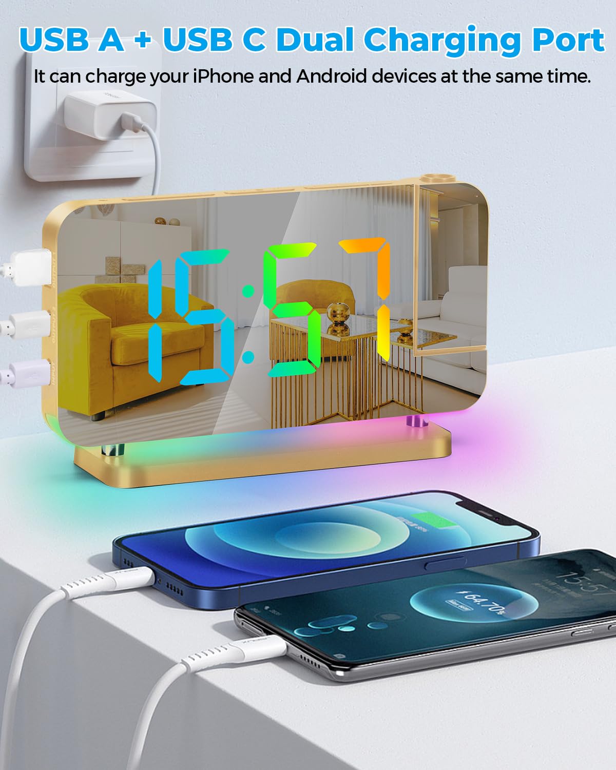 SZELAM Projection Clock dual USB ports safely charge devices from bedside.