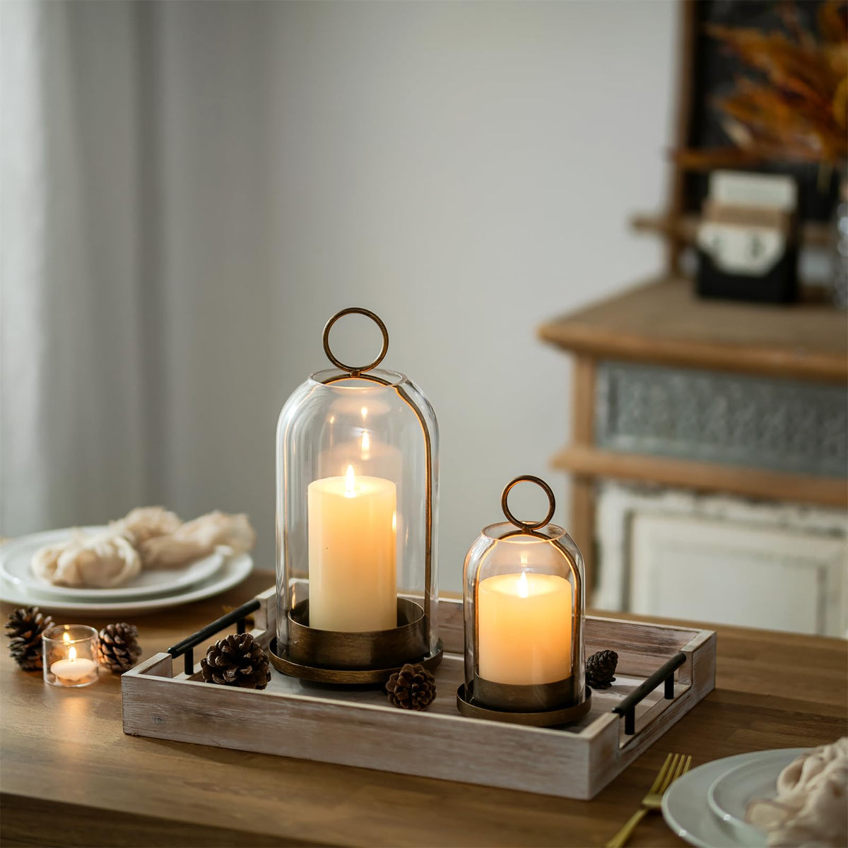 Sziqiqi hurricane candle holder (large) with glass dome for dramatic outdoor centerpieces.