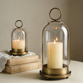 Sziqiqi hurricane candle holder (small) with glass dome for intimate tabletop ambience.