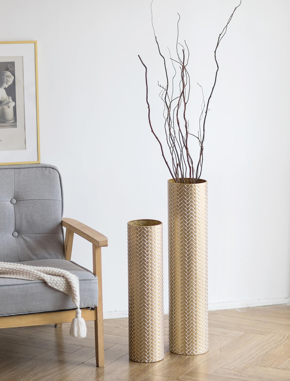 Sziqiqi tall gold floor vase with woven texture in two heights showcases rustic elegance.