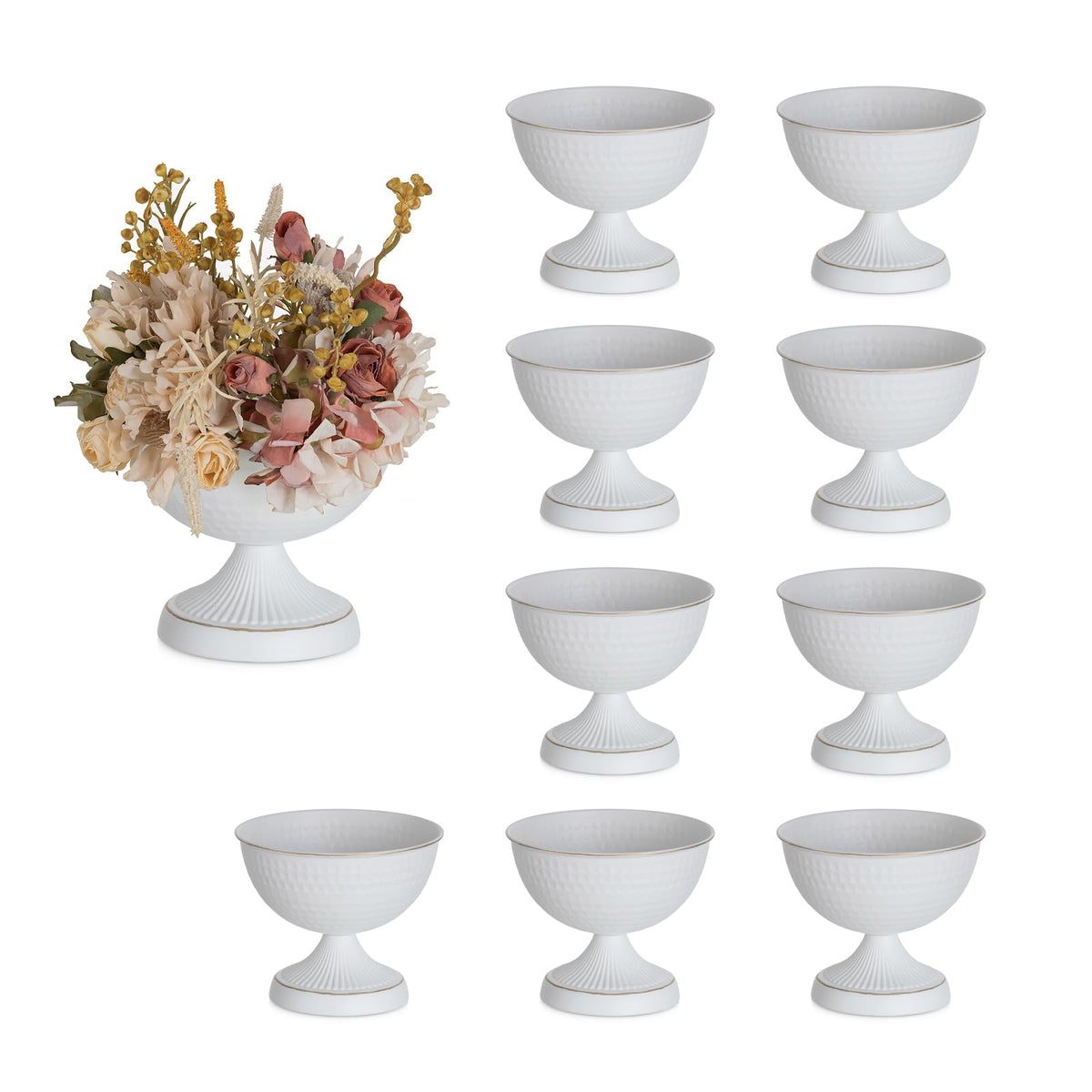 Sziqiqi urn vases side view with white hammered finish for wedding centerpieces.
