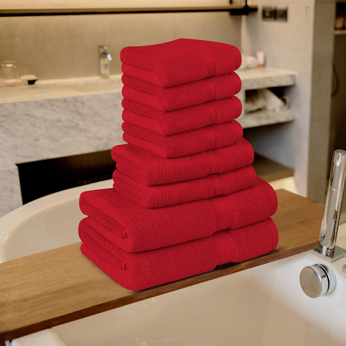 Close-up of double-stitched edges on Burgundy towels