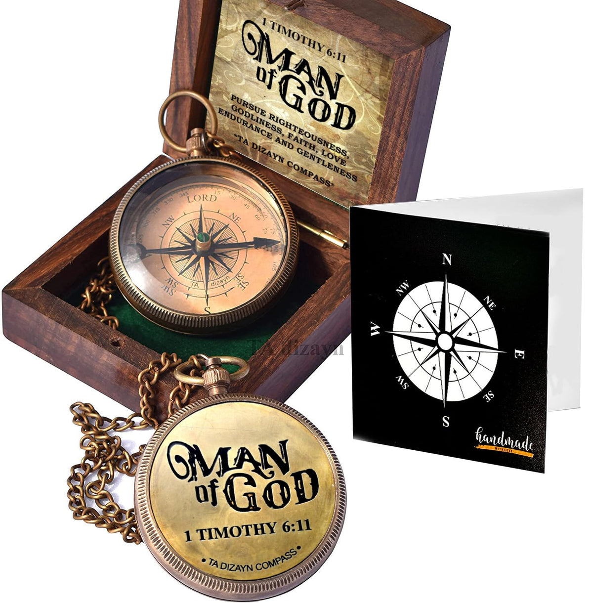 TA dizayn Man of God Compass back view displaying 1 Timothy 6:11 verse