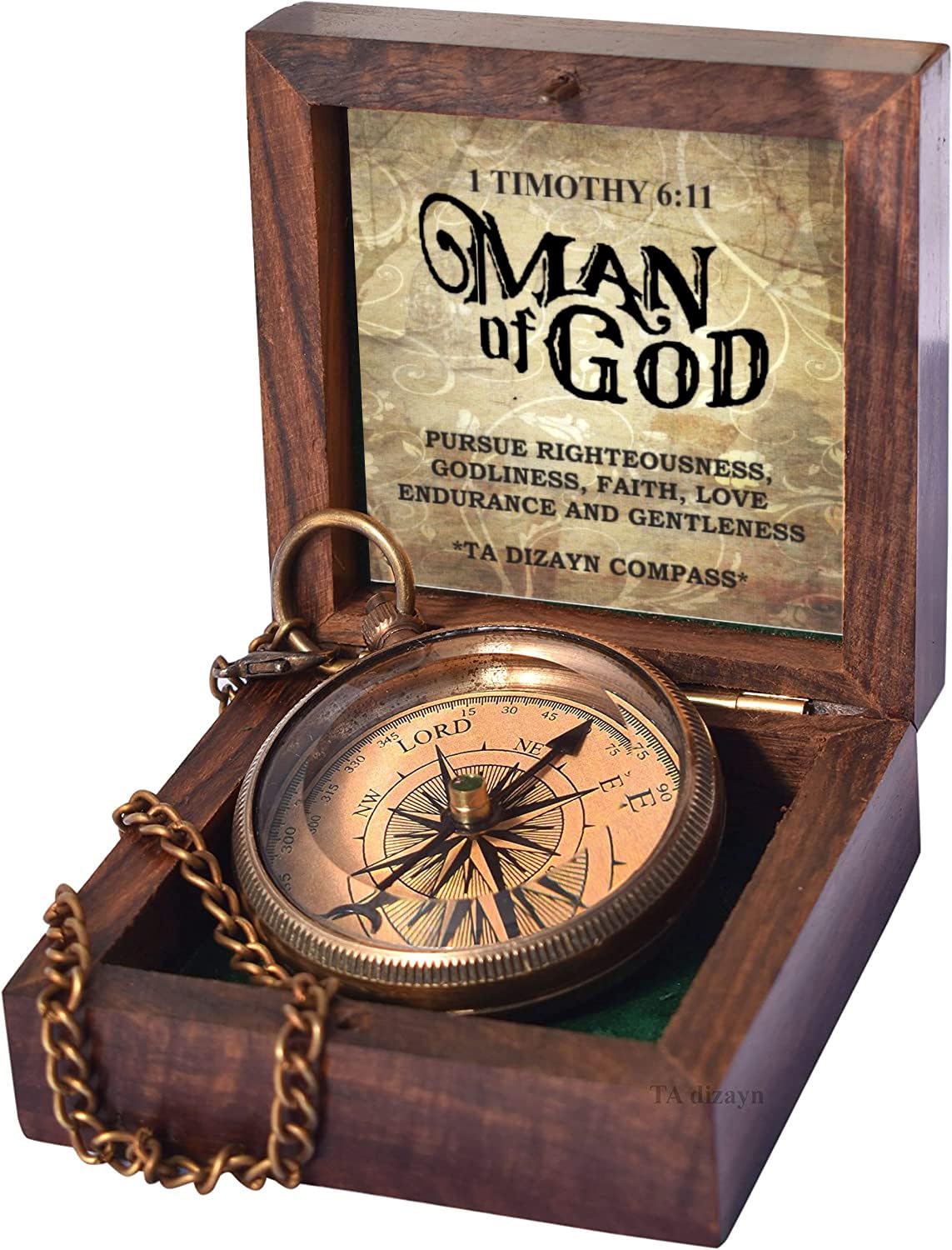 TA dizayn Man of God Compass front view with brass finish and scripture
