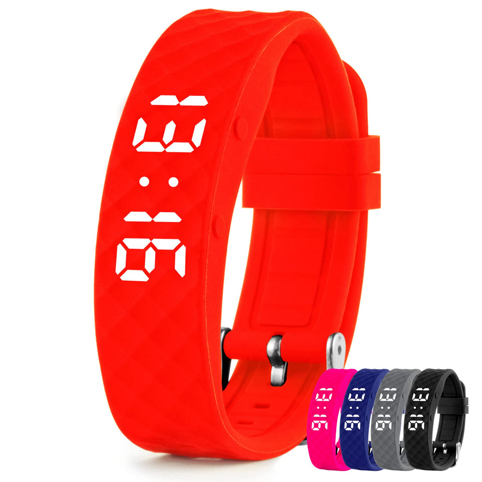 TabTime vibrating alarm watch in red on wrist for discreet reminders throughout the day