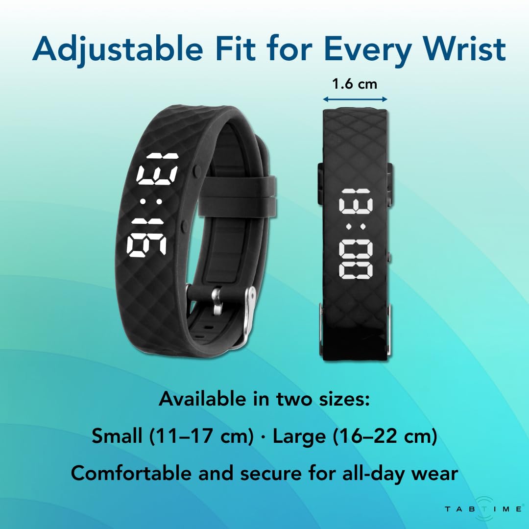 Tabtime wristband demonstrates quick two-button setup for easy alarm adjustments.