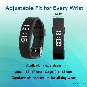 Tabtime wristband demonstrates quick two-button setup for easy alarm adjustments.