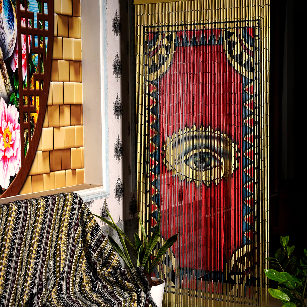 TACHILC beaded curtain natural wood tubes visible with beads, airy aesthetic