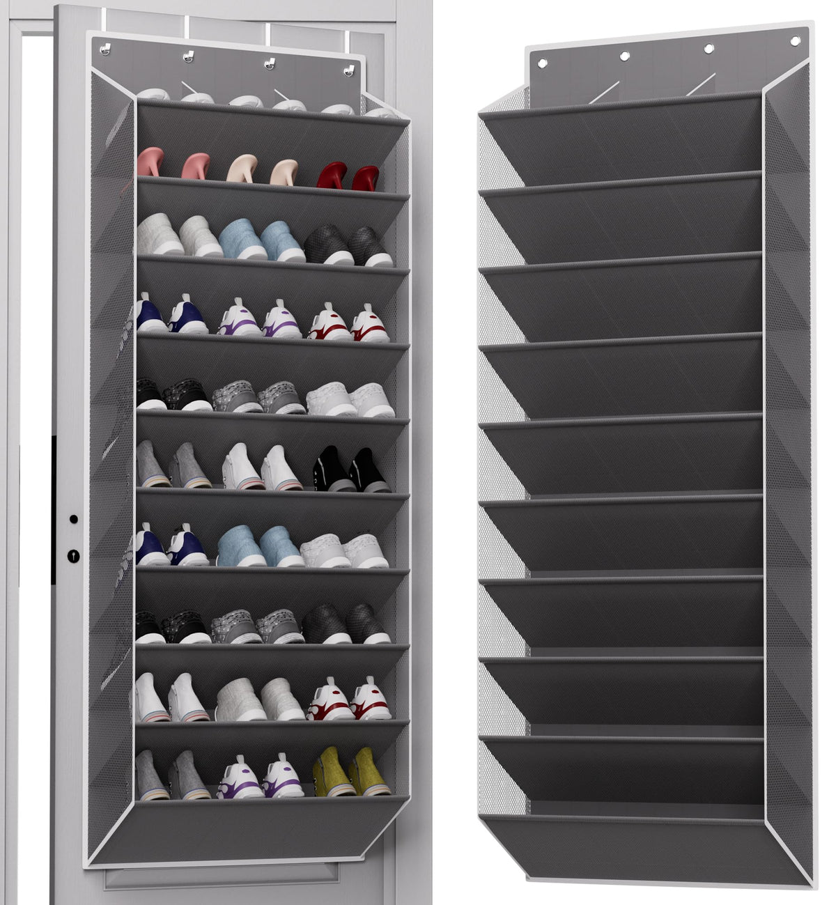 TAHAVICE over-the-door shoe organizer, 10-tier grey, high-capacity storage.