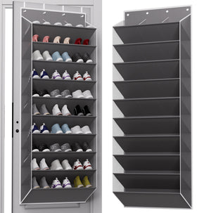 TAHAVICE over-the-door shoe organizer, 10-tier grey, high-capacity storage.