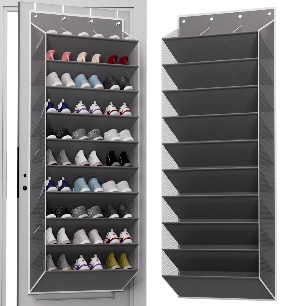 TAHAVICE over-the-door shoe organizer, 10-tier grey, high-capacity storage.