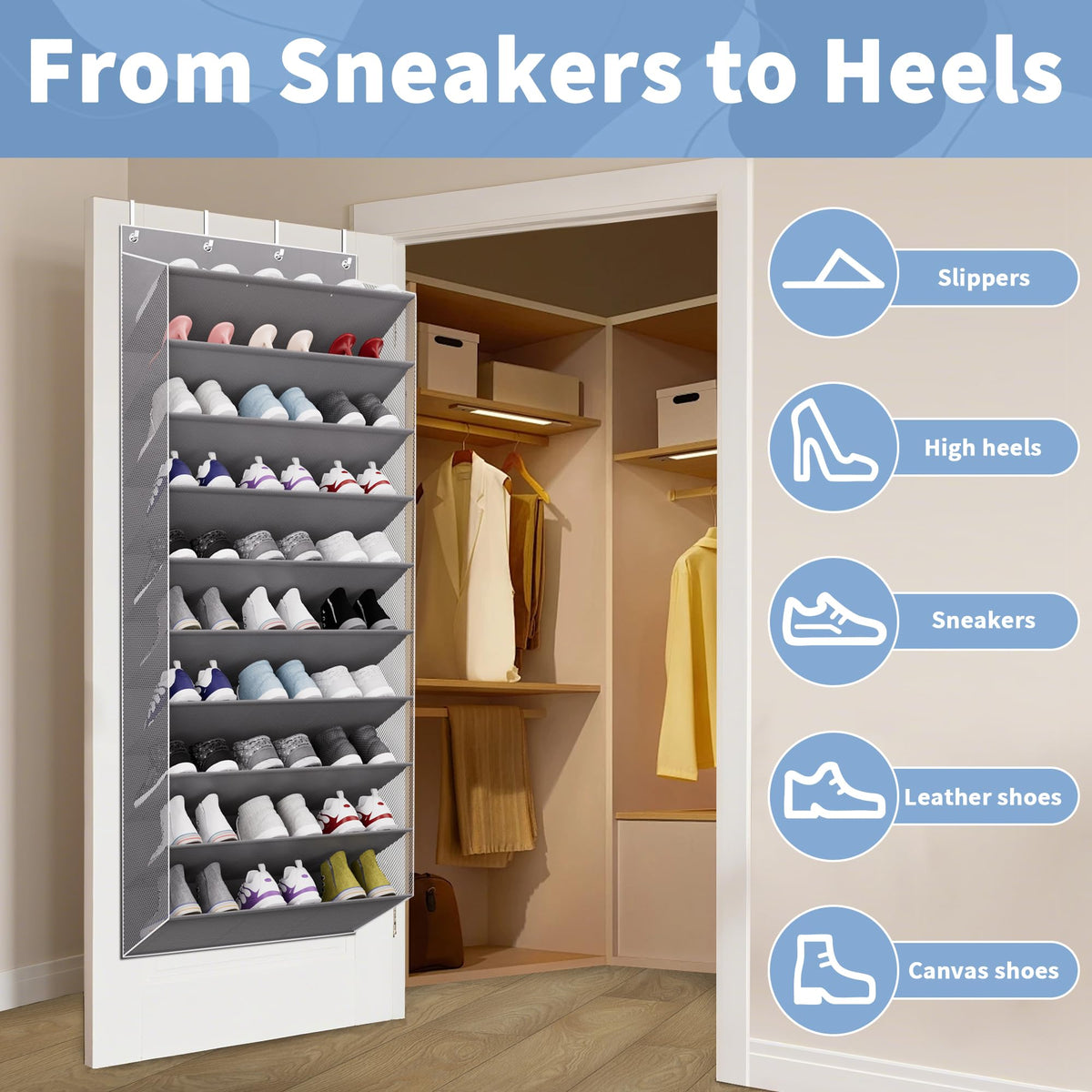 TAHAVICE 10-tier door-mount rack with sturdy base panels.
