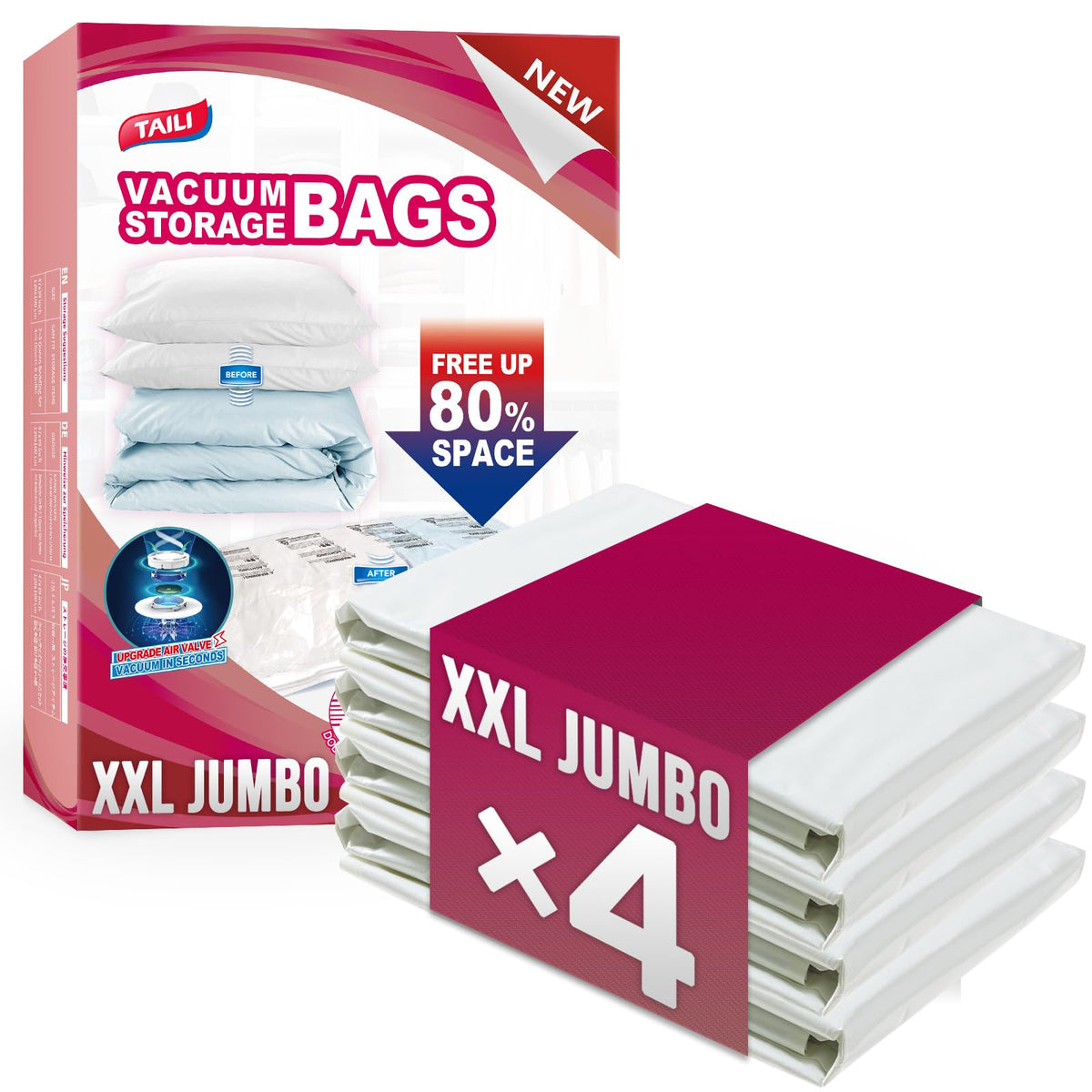 TAILI 4-pack vacuum bags compress a comforter for extra closet space.