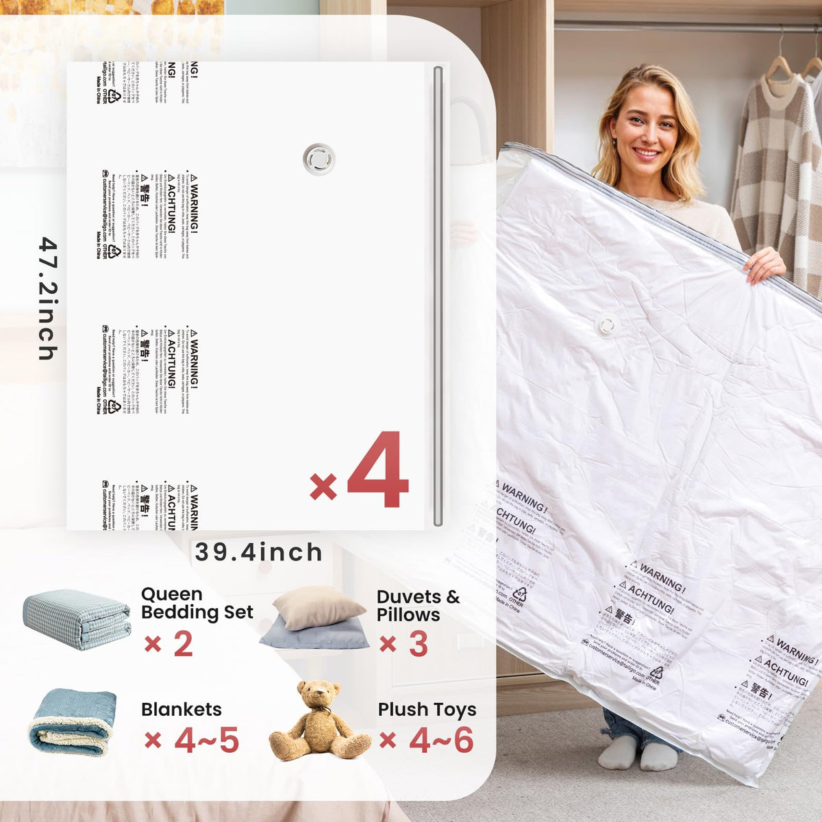 TAILI 4-pack for pillows demonstrates compact storage under beds.