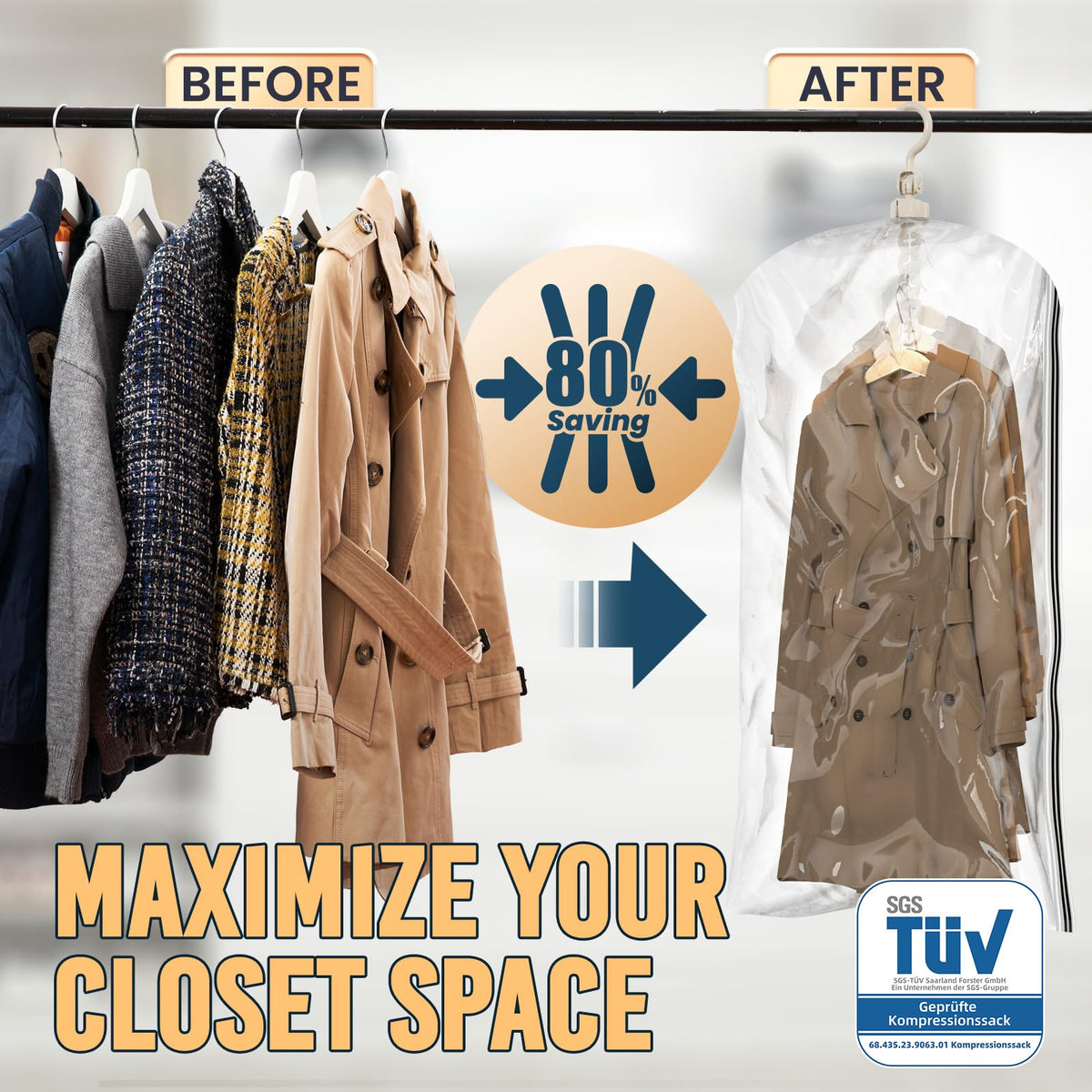 TAILI six-pack hanging vacuum storage bags arranged in a closet