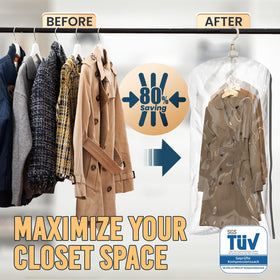 TAILI six-pack hanging vacuum storage bags arranged in a closet