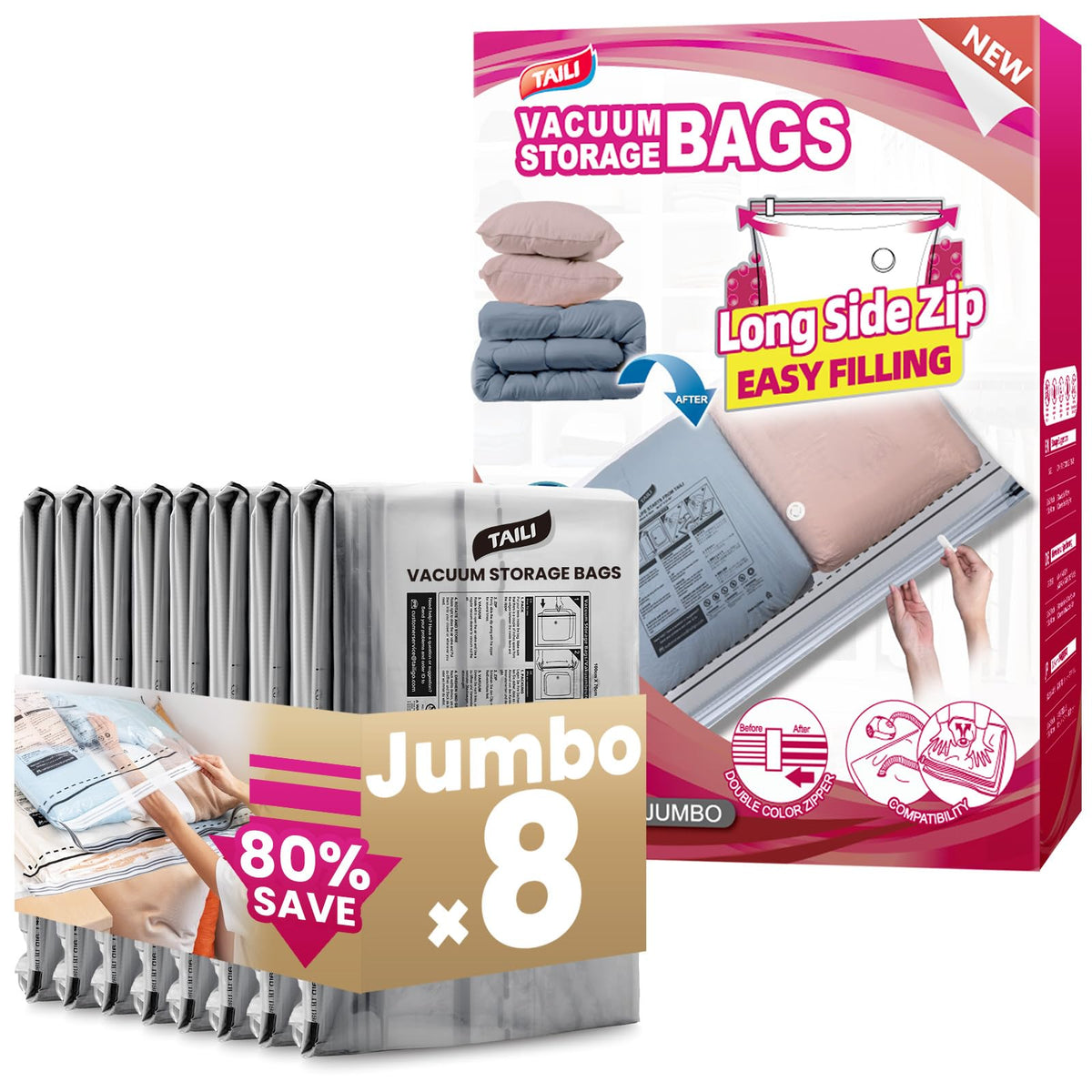 TAILI 8-pack vacuum storage bags with long side zip save space while packing.
