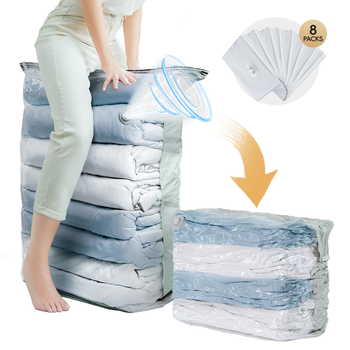 Taili 8-pack vacuum storage bags ready for space-saving wardrobe organization.