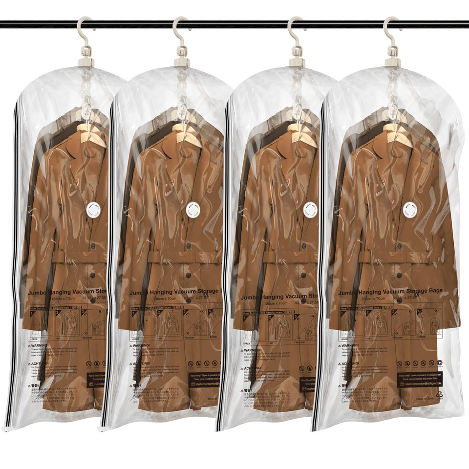 TAILI hanging vacuum sealer bags for clothes; clear material shows space-saving design.