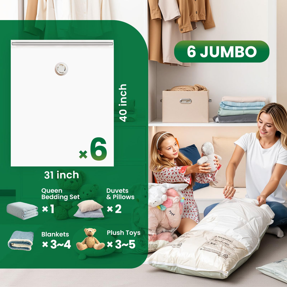 TAILI jumbo vacuum bags for clothing and bedding storage.