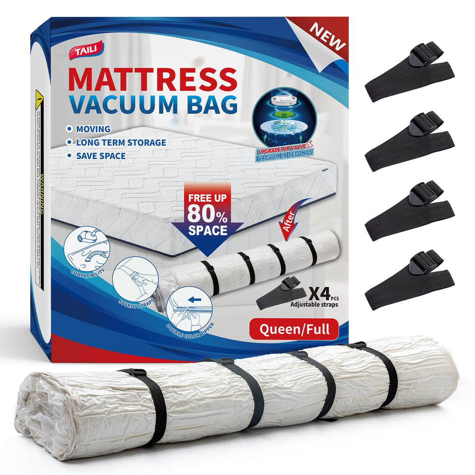 TAILI mattress vacuum bag full-queen size with clear panel for quick space-saving storage.