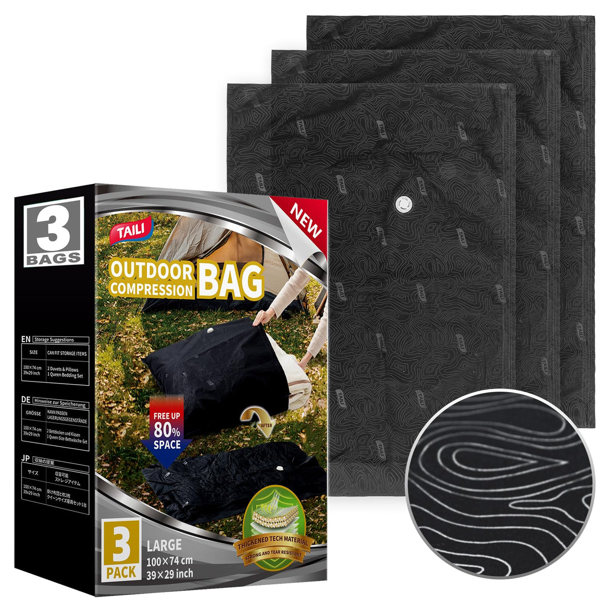 Taili Outdoor Vacuum Storage Bags showcase the oversized opening, perfect for bulky blankets and sleeping bags.